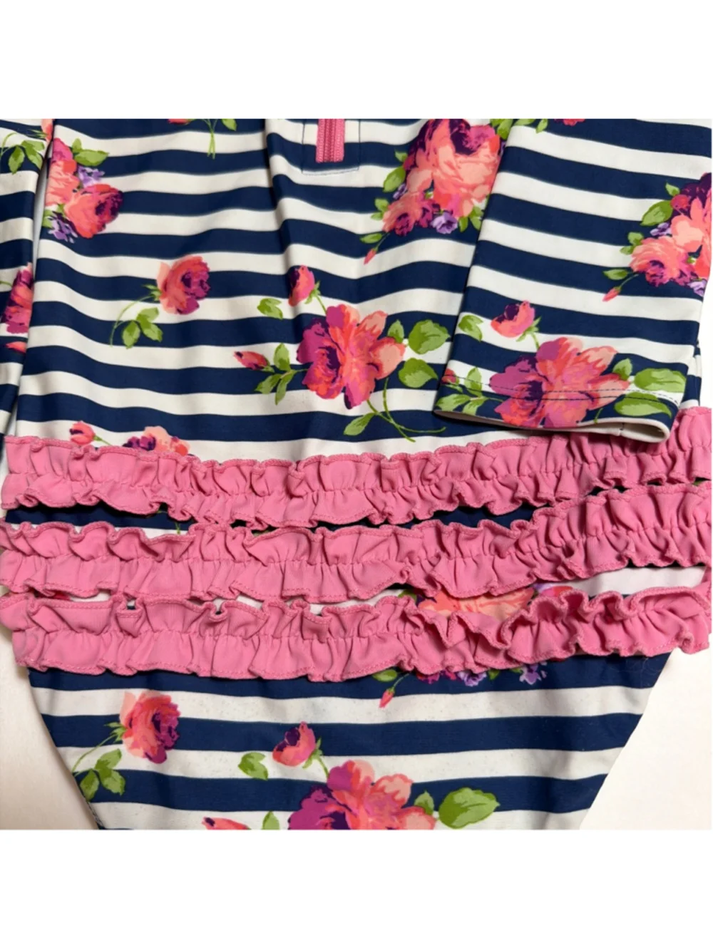 Girls Ruffle Butts Rashguard 2T Long Sleeve Navy Pink Striped Floral Swimsuit